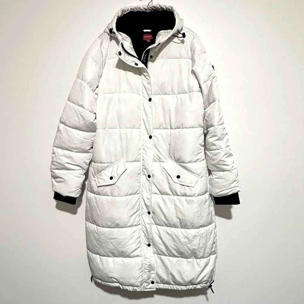 Guess White Black Longline Hooded Zip Button Puffer Jacket / Coat Size XL